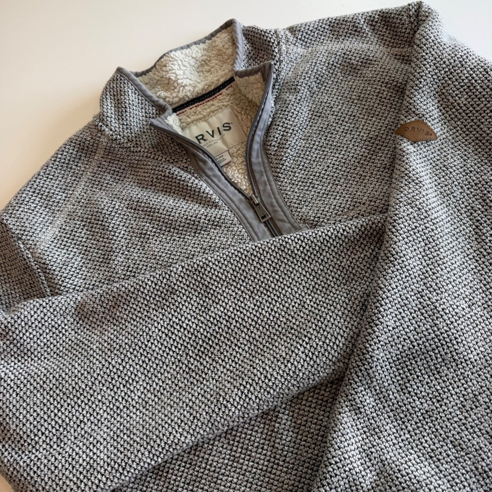 Orvis Quarter Zip Sherpa Lined Textured Knit Pullover Sweater Grey White Mens XL
